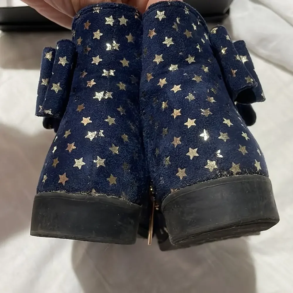Tahari 12 navy blue gold stars ankle boots side zipper rubber soles guc fez